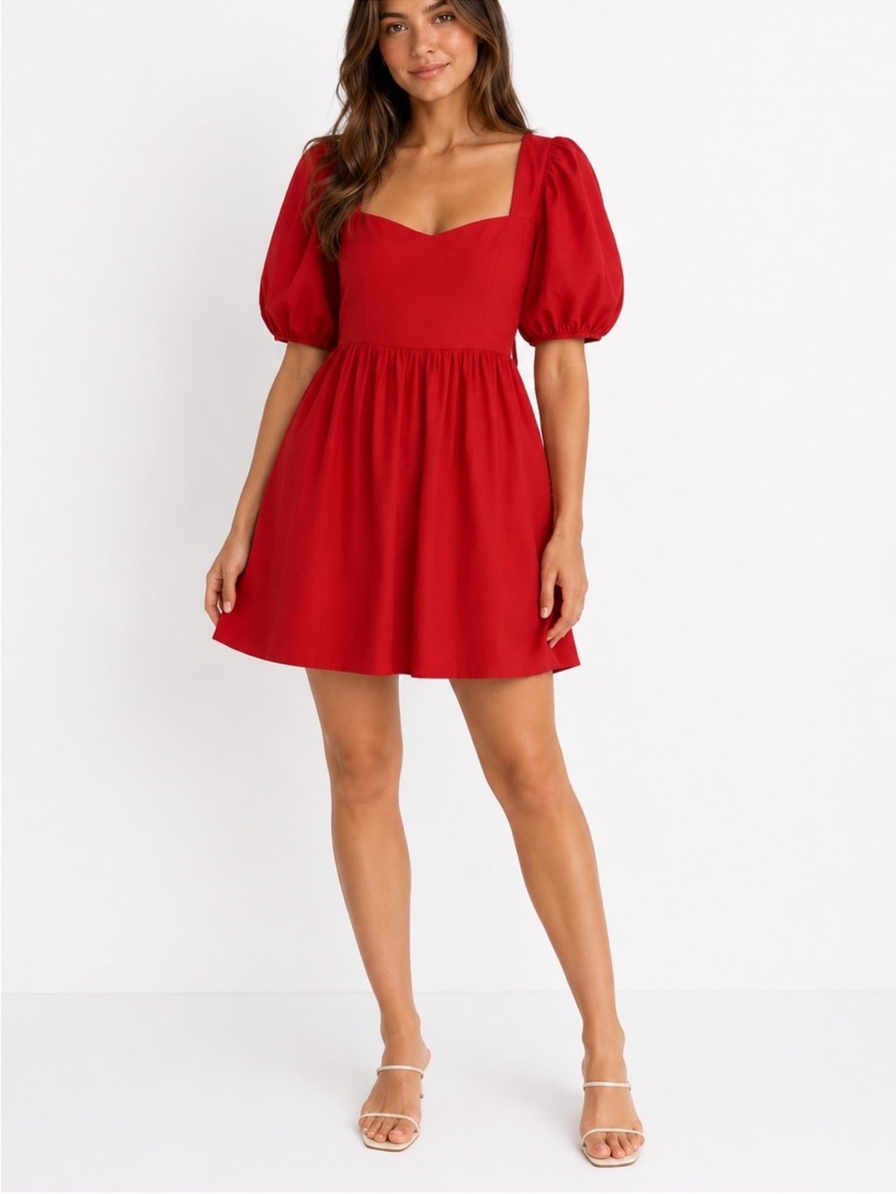 WAYF Red Open Back Bow Puff Sleeve Mini Dress Size Large NWT